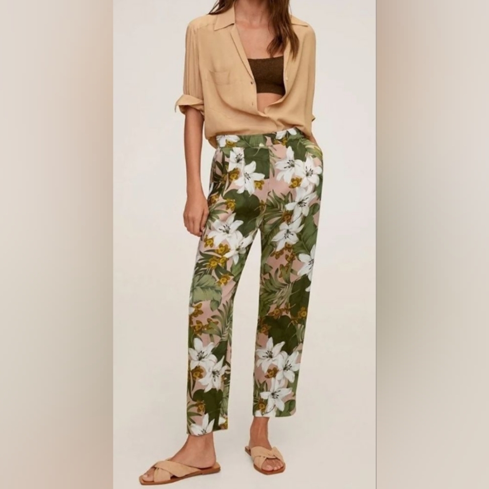 MNG Mango Floral Satin Trousers Size XS Elastic Waist
